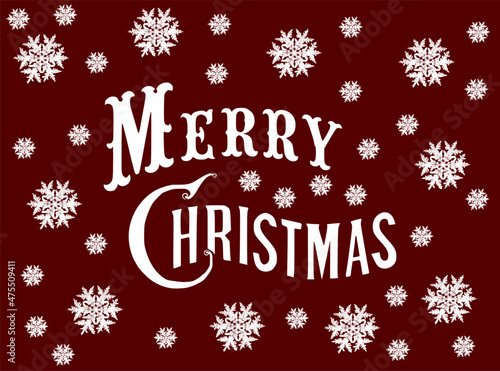 Merry Christmas card on a dark red background with snowflakes