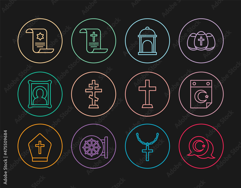 Set line Star and crescent, Muslim Mosque, Christian cross, icon, Torah scroll, and Decree, paper, parchment, icon. Vector Set line Star and crescent, Muslim Mosque, Christian cross, icon, Torah scroll, and Decree, paper, parchment, icon. Vector