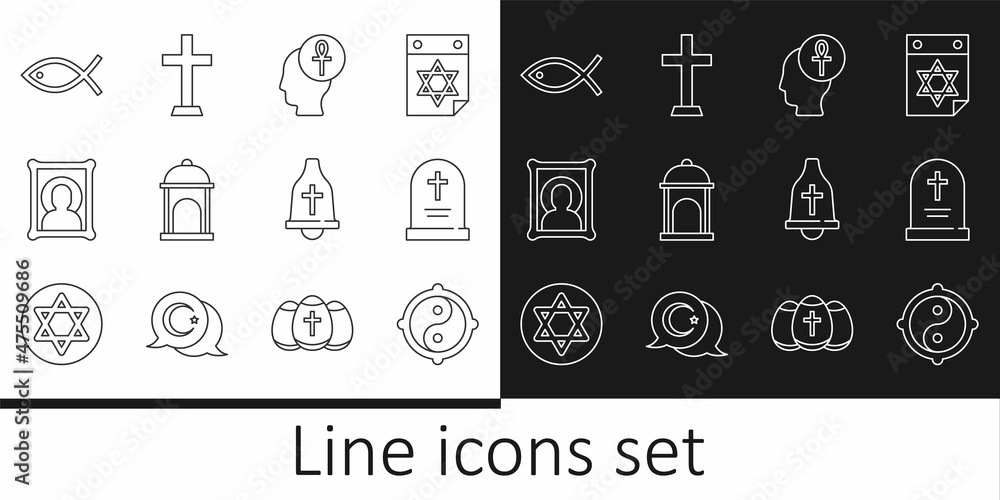 Set line Yin Yang, Tombstone with cross, Cross ankh, Muslim Mosque, Christian icon, fish, Church bell and icon. Vector