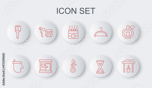 Set line Aroma candle, Sauna mittens, Hot sauna stones, hourglass, brush, Wooden axe in stump, wooden bathhouse and thermometer icon. Vector