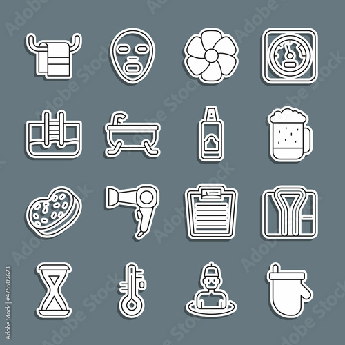 Set line Sauna mittens, Bathrobe, Wooden beer mug, Flower, Bathtub, Swimming pool with ladder, Towel on hanger and Spray can for hairspray icon. Vector