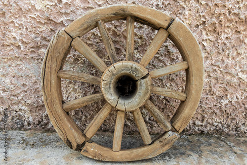 Old cart wheel, Lasithi (Lassithi) Plateau, Eastern Crete, Greece.