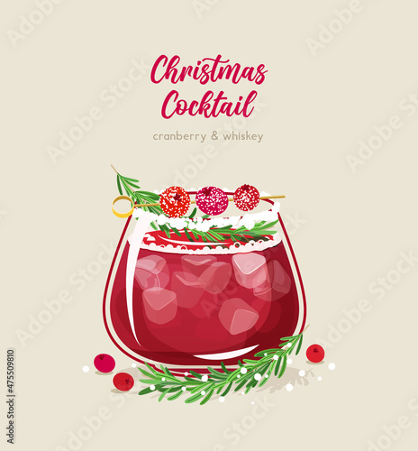 Christmas winter red cocktail with whiskey and cranberry. Flat vector illustration. Beige background. Holiday party alcohol drink