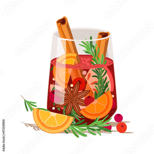 Glass of christmas punch with cinnamon, orange, rosemary, apple, cranberry and ale isolated on white background. Holiday winter alcohol juicy drink. Party cocktail. Flat style vector