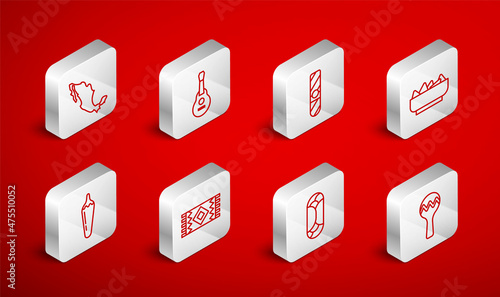 Set line Maracas, Mexican guitar, Cigar, Nachos in bowl, Burrito, Map of mexican, carpet and Hot chili pepper pod icon. Vector