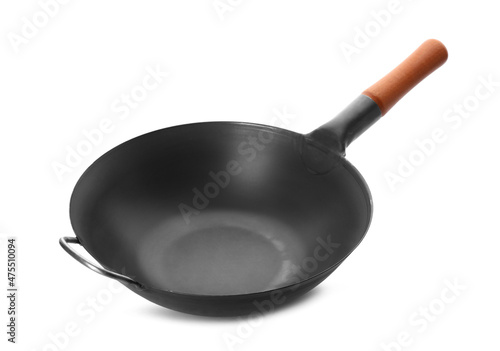Foto Empty iron wok isolated on white. Chinese cookware