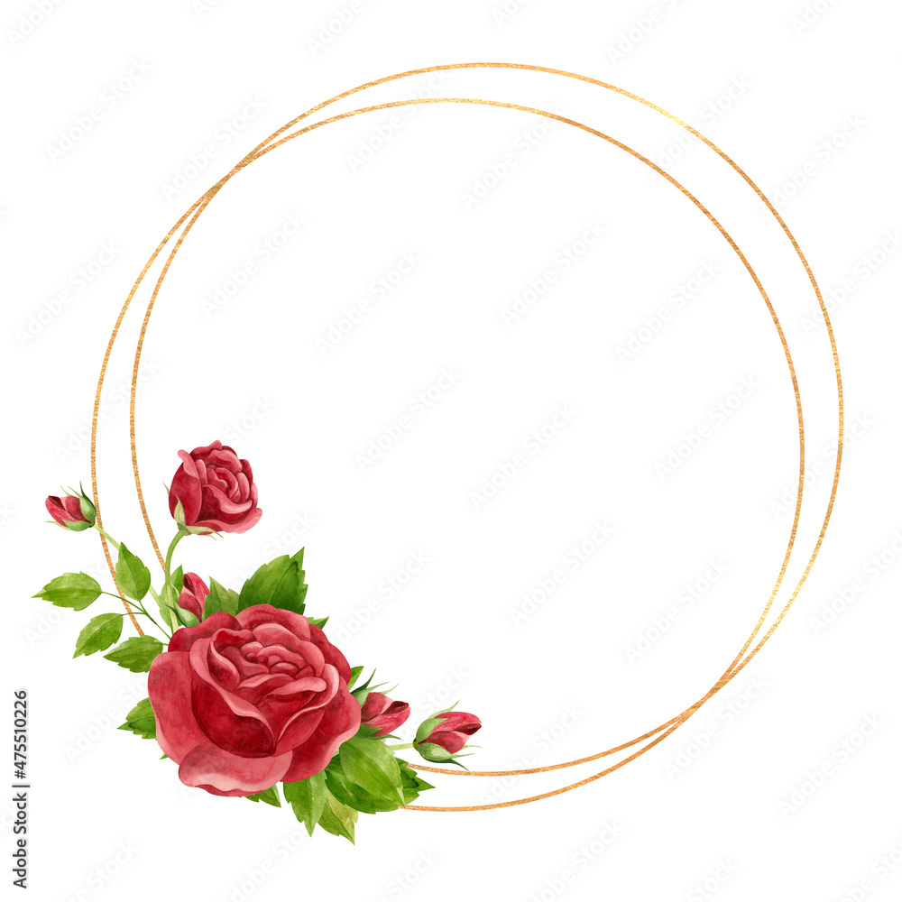 Round frame with red roses and gold geometric frame. Floral template for wedding invitations, Valentine's Day postcards, posters, banners. Watercolor clipart on white background