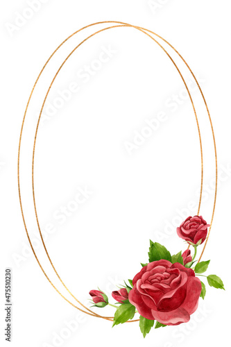 Vertical frame with red roses and gold geometric frame. Floral template for wedding invitations, Valentine's Day postcards, posters, banners. Watercolor clipart on white background