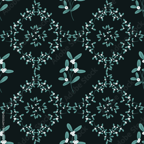 Mistletoe, viscum branches with oblong leaves and berries vector seamless pattern. Christmas, New Year holiday winter floral background for greeting cards, wallpapers, gift paper, web page.