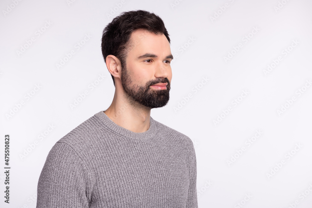 Fototapeta premium Profile side photo of young guy good mood look empty space lotion hair care isolated over grey color background