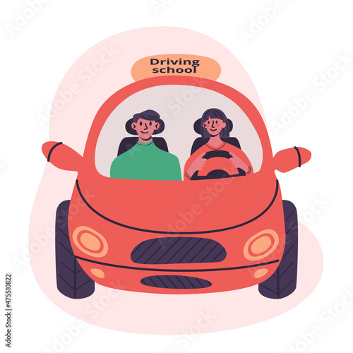 Driving school concept. Young woman drive little red car with instructor. Flat vector modern isolated illustration in trendy colors