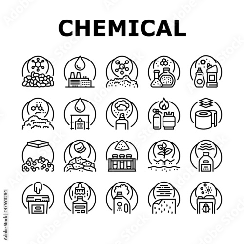 Chemical Industry Production Icons Set Vector. Polymers And Petrochemicals, Glue And Aerosol Spray, Rubber And Paint Varnish Chemical Industry Manufacturing Black Contour Illustrations