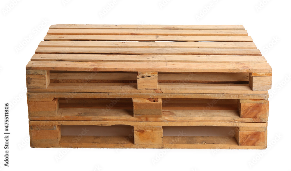 Stacked wooden pallets isolated on white. Transportation and storage Stacked wooden pallets isolated on white. Transportation and storage