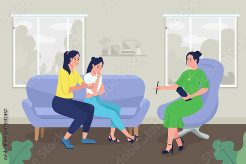 Therapy for teenager flat color vector illustration. Psychological consultation. Worried mother with daughter talking with counselor 2D cartoon characters with therapy room on background