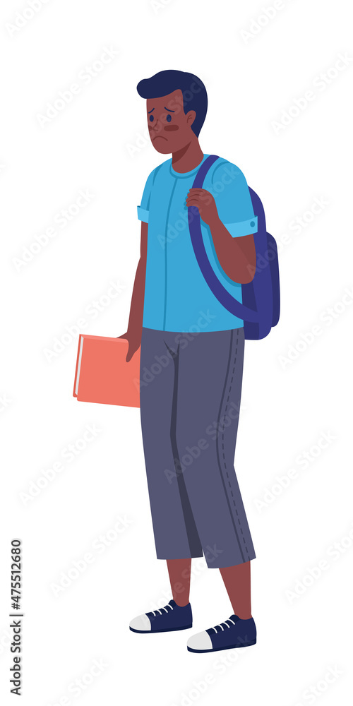 Sad schoolboy semi flat color vector character. Standing figure. Full body person on white. Social anxiety isolated modern cartoon style illustration for graphic design and animation