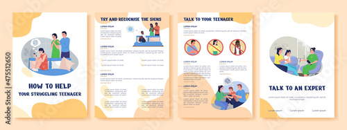 How to help struggling teenager flat vector brochure template. Flyer, booklet, printable leaflet design with flat illustrations. Magazine page, cartoon reports, infographic posters with text space