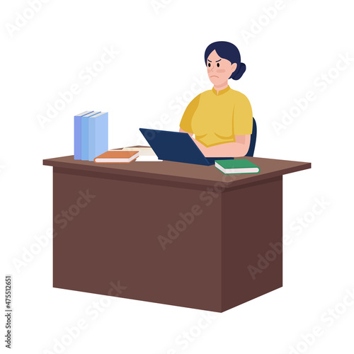 Irritated principal sitting at desk semi flat color vector character. Full body person on white. Feeling angry isolated modern cartoon style illustration for graphic design and animation
