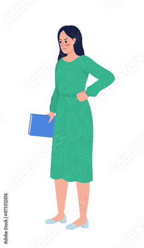 Annoyed female teacher semi flat color vector character. Standing figure. Full body person on white. Middle school job isolated modern cartoon style illustration for graphic design and animation