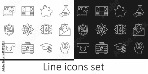 Set line Business man planning mind, Envelope with dollar symbol, Piggy bank, Dollar, share, network, Loan percent, Credit card, Smartphone and Stacks paper money cash icon. Vector