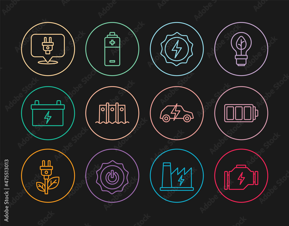 Set line Check engine, Battery, Lightning bolt, Hydroelectric dam, Car battery, Electric plug, car and icon. Vector Set line Check engine, Battery, Lightning bolt, Hydroelectric dam, Car battery, Electric plug, car and icon. Vector