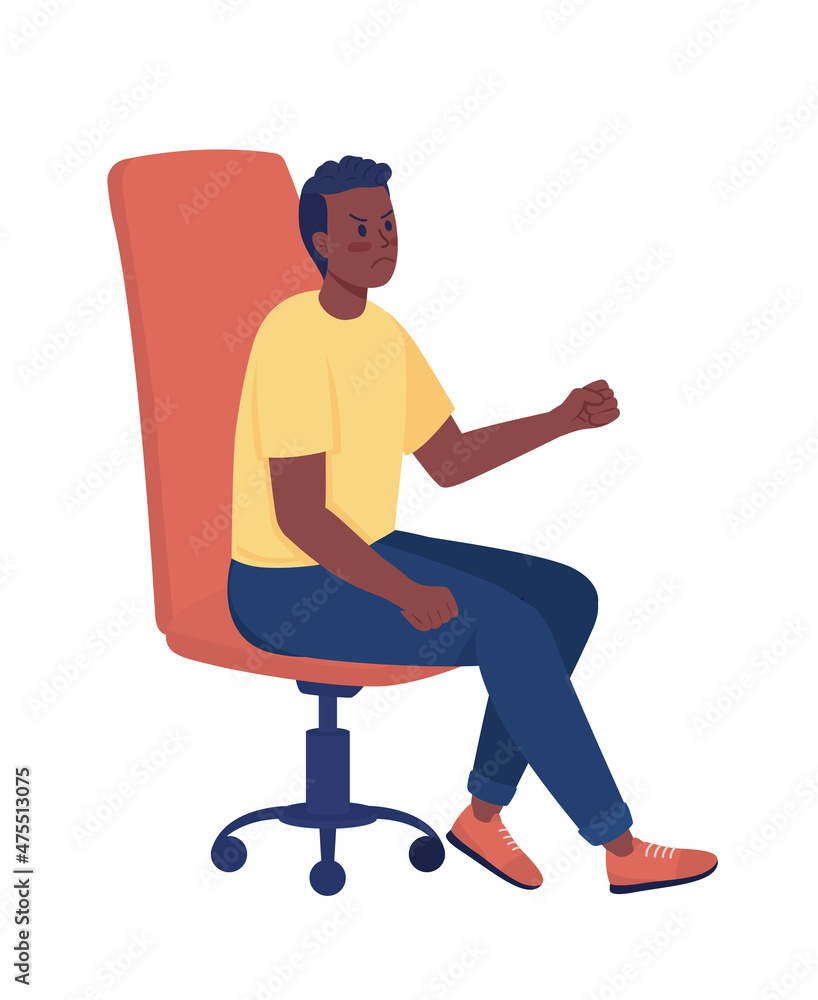 Irritated boy shaking fist semi flat color vector character. Sitting figure. Full body person on white. Aggressive behavior isolated modern cartoon style illustration for graphic design and animation