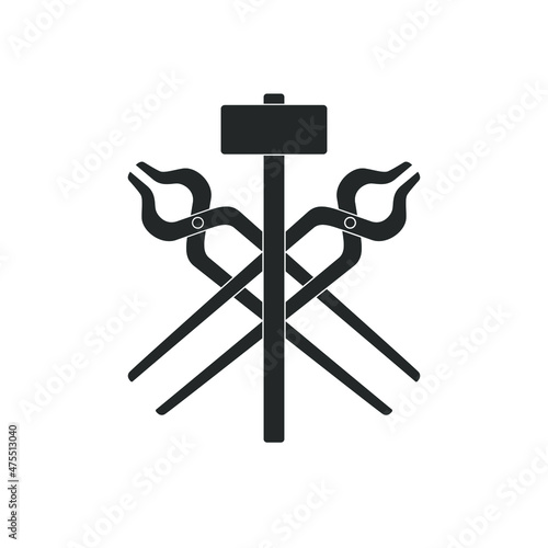 Blacksmith tools graphic sign. Smithy symbol. Forging tools sign isolated on white background. Vector illustration