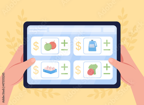 Buy food online flat color vector illustration. Choosing food to add to cart. Internet service for shop. Tablet with market products list 2D cartoon first view hand with abstract on background