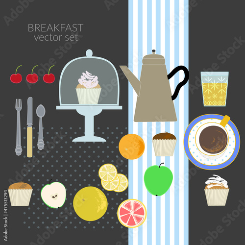 Breakfast food and drink vector flat illustration set