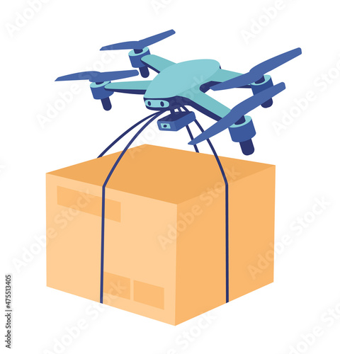 Drone with box delivery semi flat color vector item. Realistic object on white. Order shipment. Automated shipping isolated modern cartoon style illustration for graphic design and animation