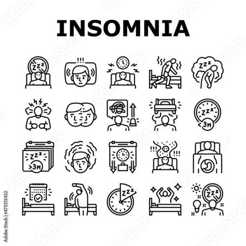 Insomnia Person Chronic Problem Icons Set Vector. Remaining Passively Awake And Difficulty Falling Asleep At Night, Insomnia Stimulus Control And Light Therapy Black Contour Illustrations