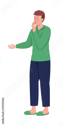Sleepy man semi flat color vector character. Posing figure. Full body person on white. Man yawning and gesturing isolated modern cartoon style illustration for graphic design and animation