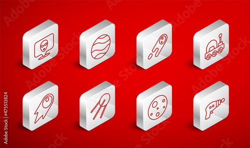 Set line Ray gun, Planet, Comet falling down fast, Mars rover, Alien, Satellite and icon. Vector