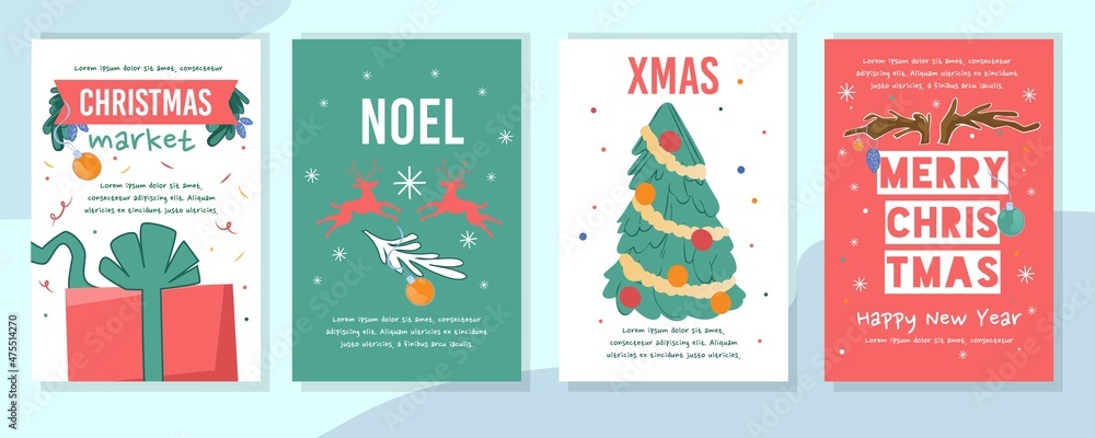 Christmas market, noel invitation, xmas greeting flyer or card template set vector illustration