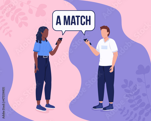Finding perfect match online flat color vector illustration. New couple. Single girl and boy looking for romantic relationships 2D cartoon characters with abstract space on background