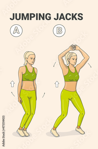 Jumping Jacks or Star Jumps Fitness Exercise. Side Straddle Hop Sequentially Guidance.
