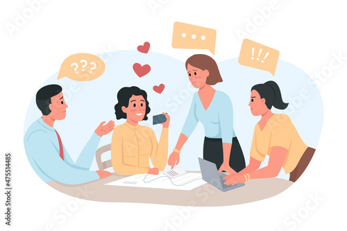 Dating app distracts from staff meeting 2D vector isolated illustration. Female employee with phone ignoring coworkers flat characters on cartoon background. Obsessing over dating site colourful scene