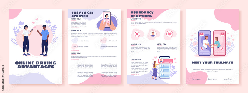 Online dating advantages flat vector brochure template. Flyer, booklet, printable leaflet design with flat illustrations. Magazine page, cartoon reports, infographic posters with text space