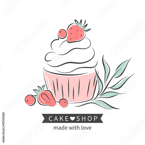 Cake and bread shop. Сupcake and berries. Vector illustration for logo, menu, recipe book, baking shop, cafe, restaurant.