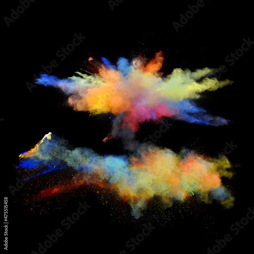 Rainbow colored powder paint explodes in front of a black background to give off fantastic multi colors and forms.