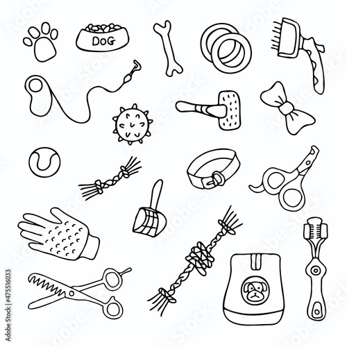Set of hand drawn ink doodle accessories for dogs. Dog toys, scissors, comb, food, balls, bone, paw, scoop, leash