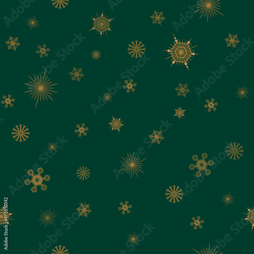 Christmas winter seamless pattern theme with golden snowflakes on dark green background