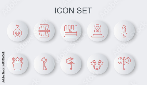 Set line Medieval poleaxe, Quiver with arrows, Chest, shield, Bomb ready to explode, Gun powder barrel, Old key and icon. Vector