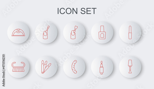 Set line Nail polish, Pedicure brush or grater, Milling cutter for manicure, Manicure lamp, False nails and file icon. Vector