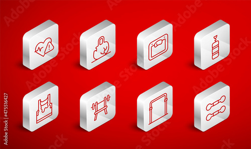 Set line Dumbbell, Broken weight, Bathroom scales, Punching bag, Sport horizontal bar, Heart rate, Bench with barbell and Sweaty sleeveless t-shirt icon. Vector