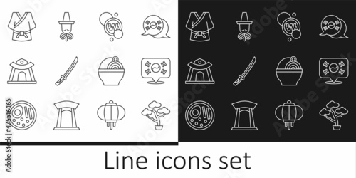 Set line Bonsai tree, Location South Korea, Korean won coin, Katana, temple, Kimono, Ramen and hat icon. Vector