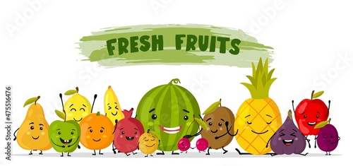 Advertising banner with smyle fresh fruits. Healthy food illustration, hand drawn graphic. Live fruit isolated on white background.