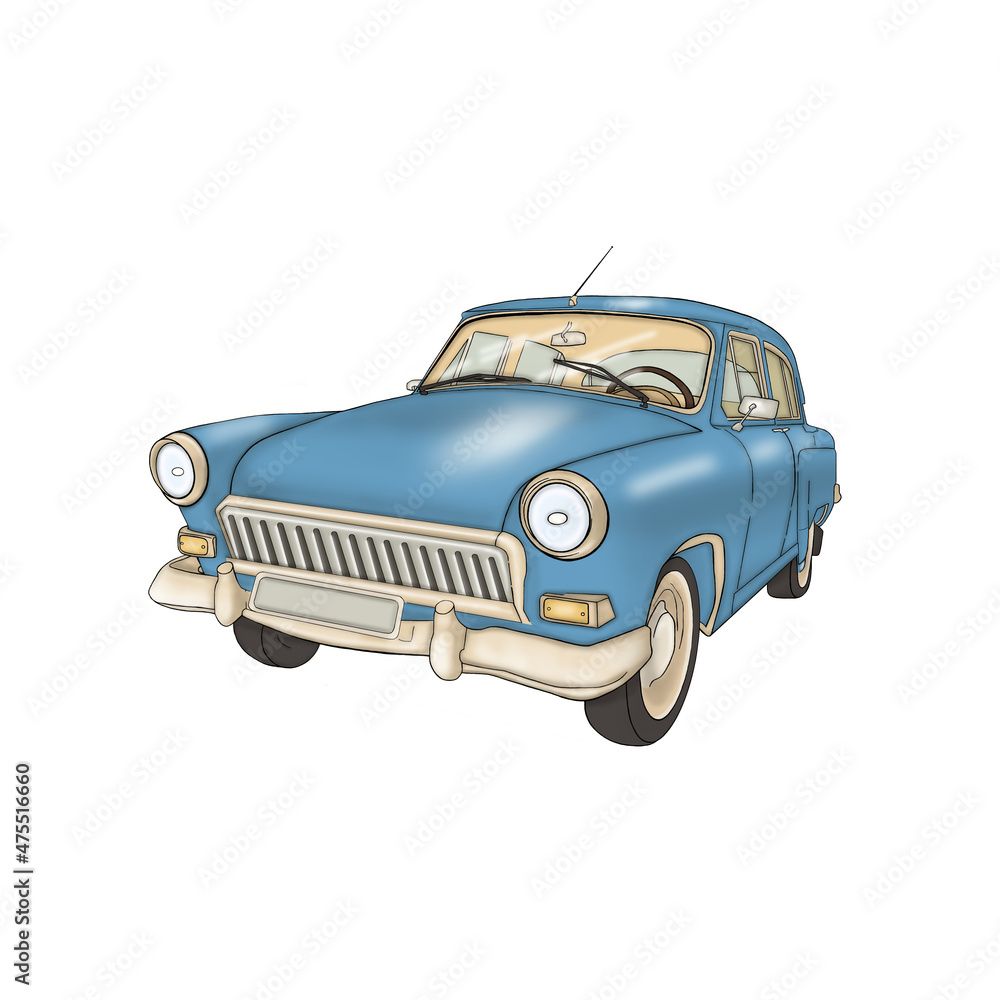 Blue car. Old classic automobile. Illustration isolated on white background