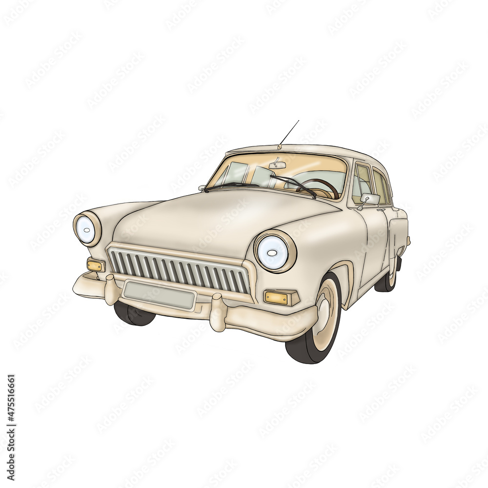 White car. Old classic automobile. Illustration isolated on white background.