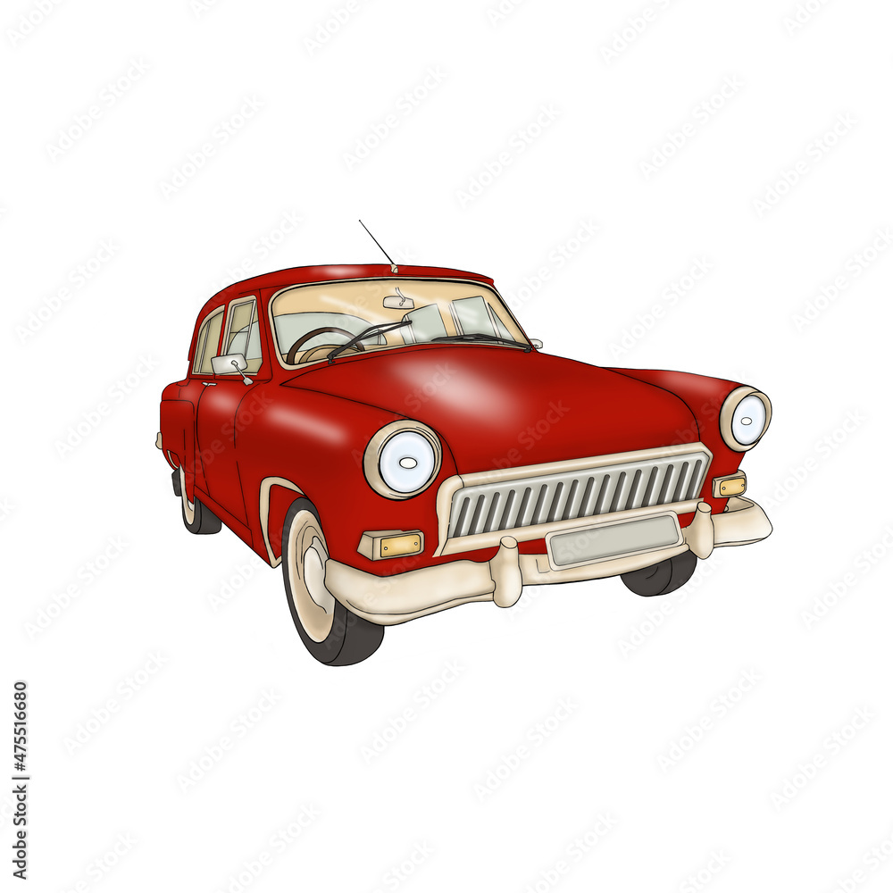 Red automobile. Old classic car. Illustration isolated on white background.