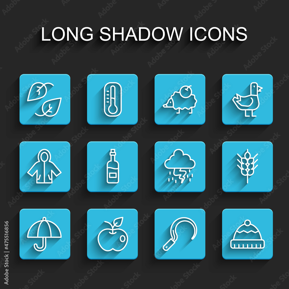 Set line Umbrella, Apple, Leaf, Sickle, Winter hat, Bottle of wine, Wheat and Storm icon. Vector Set line Umbrella, Apple, Leaf, Sickle, Winter hat, Bottle of wine, Wheat and Storm icon. Vector